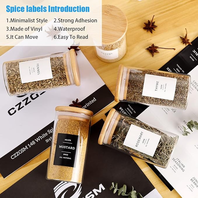 12 Pcs Glass Spice Jars With 296 Spice Labels Preprinted of White and Black Color- 10oz Thicken(2.4mm) Spice Containers With Bamboo Airtight Lids - Empty Small Herb Seasoning Jars-HomvellaHome