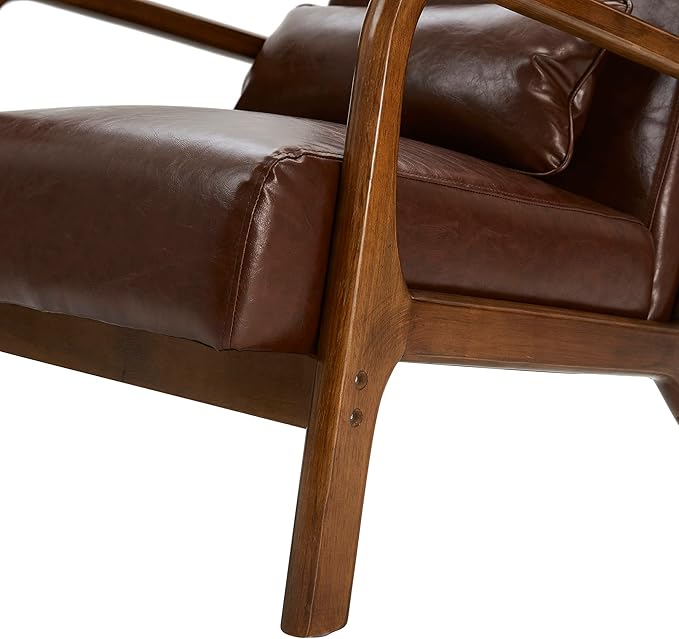 Glitzhome 30.75 "H Mid Century Coffee Accent Armchair, Single Reading Armchair PU Leather Lounge Chair with Walnut Ruberwood Frame-HomvellaHome