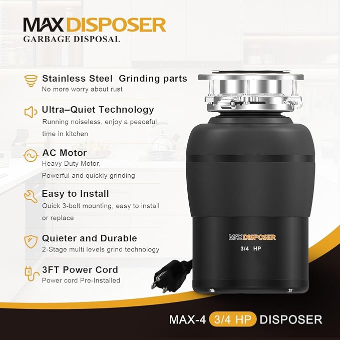 Garbage Disposal 3/4 HP for Kitchen sink Quiet with Stopper Power Cord, Easy install, Continuous Feed Food Waste Disposer Stainless Steel Grind 0.75 Horsepower AC Motor Unit (MAX-4)-HomvellaHome