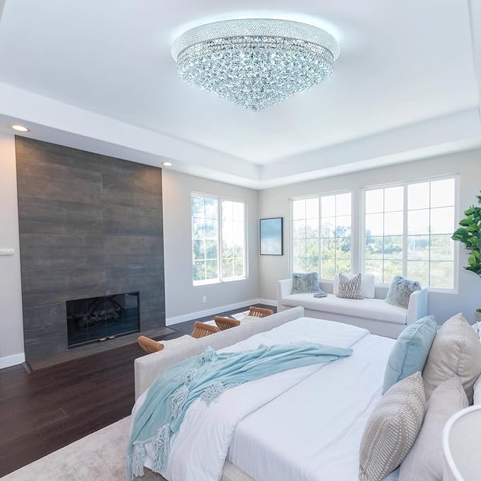 18-Light 32 inch Large Crystal Chandelier Flush Mount Ceiling Light Fixture for Living Room Dining Room Bedroom Foyer Entryway Chrome Finish-HomvellaHome