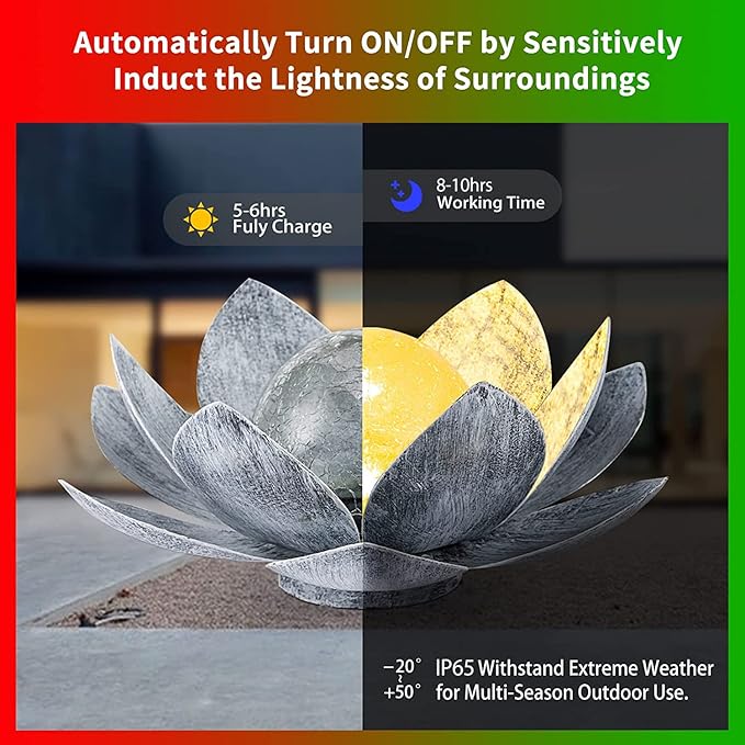 Garden Solar Light Outdoor(2Pack), Amber Crackle Globe Glass Lotus Decoration, Waterproof Gary Metal LED Flower Lights for Patio,Lawn,Walkway,Tabletop, Garden Gifts for Women-HomvellaHome