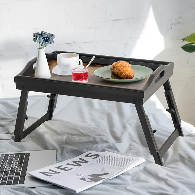 2 Pack Bed Tray Table Breakfast Trays Serving Tray Adjustable Height for Eating Bamboo Bed Laptap Floding Legs with Handles and Phone Holders-HomvellaHome