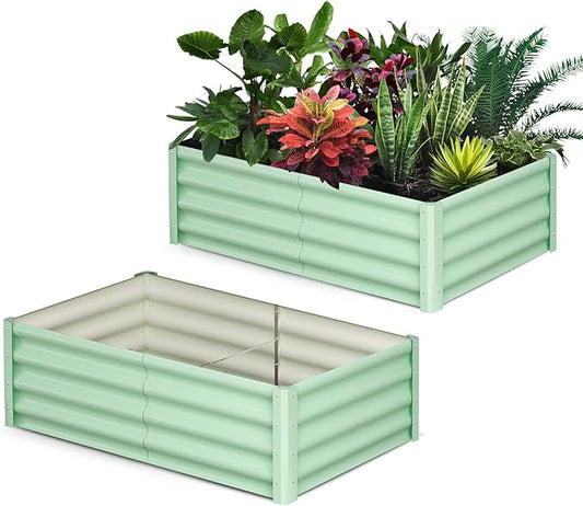 Galvanized Raised Garden Bed Outdoor, 2 Pcs 6x3x1FT Outdoor Large Planter Raised Beds Open Base with Safety Edge and Glove for Vegetables Flowers Ground Planter, Green-HomvellaHome