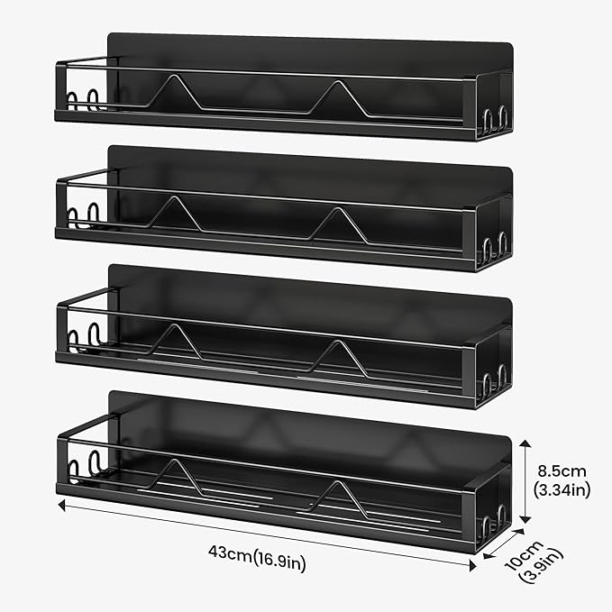 16.9 Inch Wide Large Capacity Magnetic Spice Rack for Refrigerator, 4 Pack Metal Fridge Shelf, Black-HomvellaHome