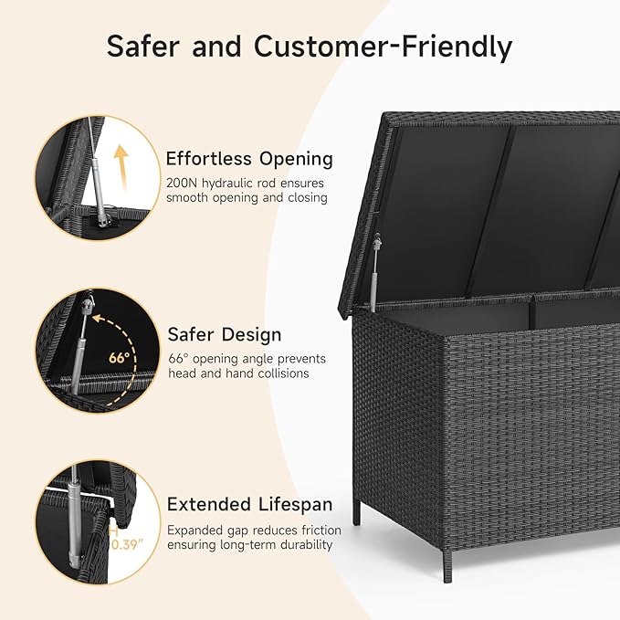 158 Gallon XL Deck Box with Lid, All Weather Wicker Outdoor Storage Box Waterproof, Large Outdoor Patio Storage Bin for Cushions, Garden Tools, Gears, Pool Accessories, Black-HomvellaHome