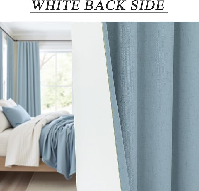 100% Blackout Curtains 90 Inches Long for Living Room 2 Panels Set Light Blocking Heat Darkening Energy Saving Curtain Window Coverings Coastal Beach Linen Farmhouse Drapes Bedroom Stone Blue Chambray-HomvellaHome