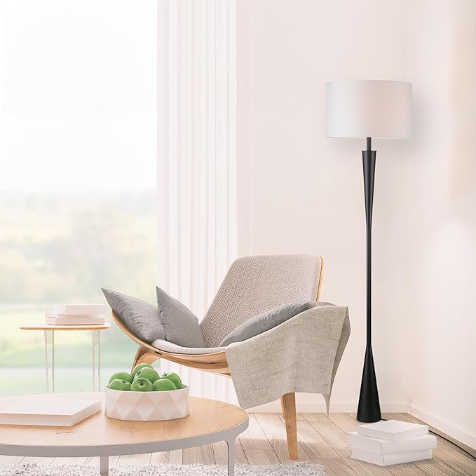 Globe Electric 67224 70" Floor Lamp, Matte Black Finish, White Fabric Shade, Modern Tapered Frame, E26 Base, Contemporary Living Room and Bedroom Lighting-HomvellaHome