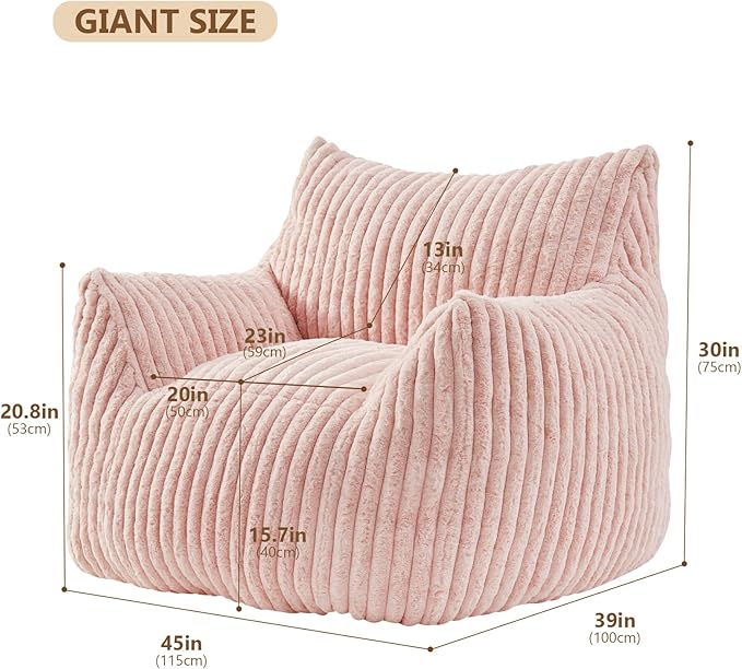 Giant Bean Bag Chairs for Adults Teens, Large Bean Bag Sofa Chairs with Filling Comfy Fuzzy BeanBag Chair with Armrests for Bedroom Living Room Reading-HomvellaHome