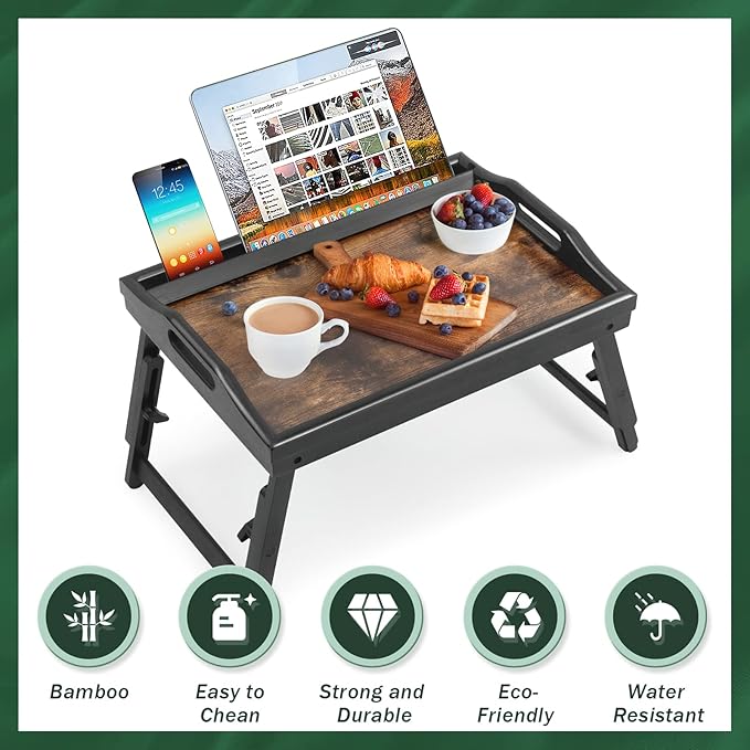 2 Pack Bed Tray Table Breakfast Trays Serving Tray Adjustable Height for Eating Bamboo Bed Laptap Floding Legs with Handles and Phone Holders-HomvellaHome