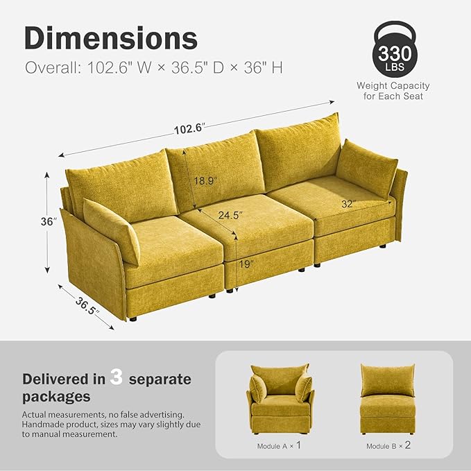 102.6" Modular Sectional Sofa, Oversized 3-Seater Couch with Removable Yellow Chenille Fabric Cover, Deep Seat & High Backrest for Living Room, Office & Apartment-HomvellaHome