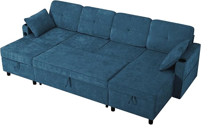 110 Inches Chenille Sectional Sofa w/Pull Out Sofa Bed & Adjustable Back, Tufted U Shaped Couch w/Two Storage Chaises, Sleeper Sectional Sofa w/USB Port & Cup Holders for Living Room, Blue-HomvellaHome