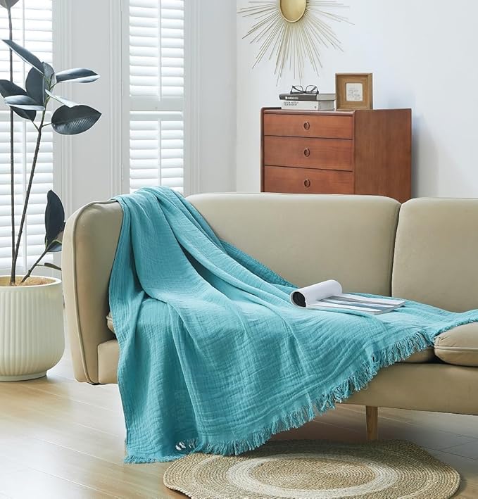 100% Cotton Muslin Throw Blanket for Bed, Couch, Small, Decorative, Soft, Pre-Washed, Breathable and Lightweight Gauze Blanket with Fringes, Suitable for All Seasons, Teal, 50"x60"-HomvellaHome
