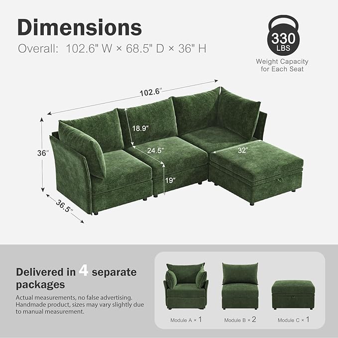 102.6" Modular Sectional Sofa, L Shaped Couch Set for Living Room, 3-Seater Comfy Cloud Couches with Movable Storage Ottoman,DIY Combination - Chenille Green-HomvellaHome