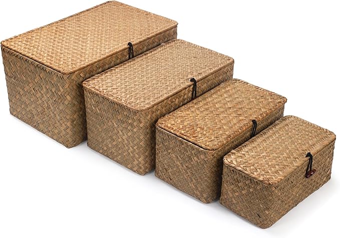 Wicker Basket with Lid, Seagrass Storage Basket, Woven Baskets for Storage, Decorative Storage Baskets for Shelf Organizing, Natural-HomvellaHome
