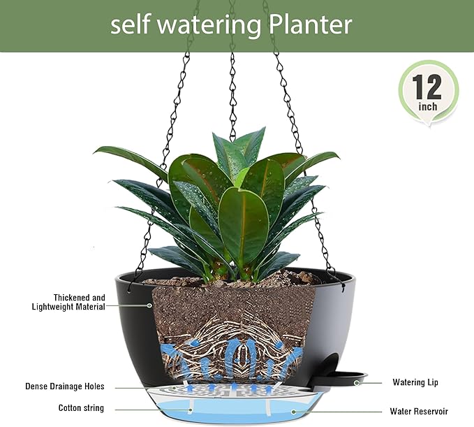 12 Inch Hanging Baskets 2 PC with Chains, Self-Watering Hanging Planters for Indoor Outdoor Plants, Plastic Hanging Flower Pots,Black-HomvellaHome