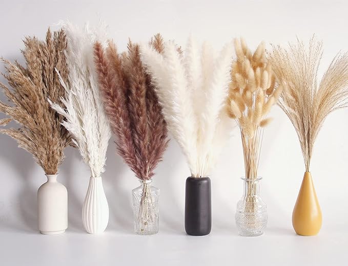 110 PCS Dried Pampas Grass Bouquet, Boho Table Decor, Bunny Tails Dried Flowers, Brown Pompas, White Pampas Grass for Wedding, Home, Rustic Party, Baby Shower Decorations-HomvellaHome