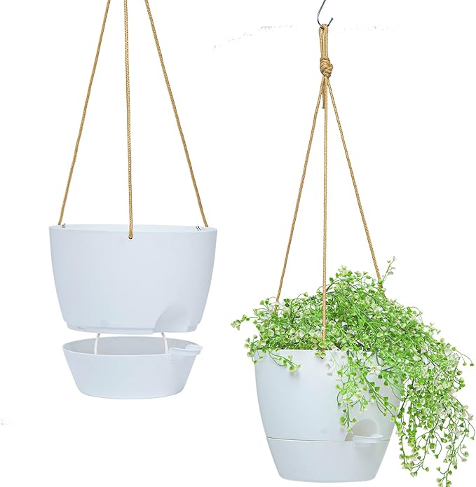 10 Inch Self Watering Hanging Pots, 2 Pack Hanging Planters with 40oZ Deep Reservior for Indoor Outdoor Plants Flowers, White-HomvellaHome