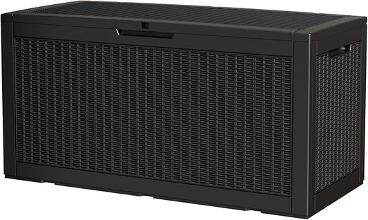 100 Gallon Storage Box, Waterproof Resin Deck Box with Hydraulic Piston Design, Lockable Storage Bench for Package Delivery, Storage Bin for Patio Cushions, Garden Tools, Black-HomvellaHome