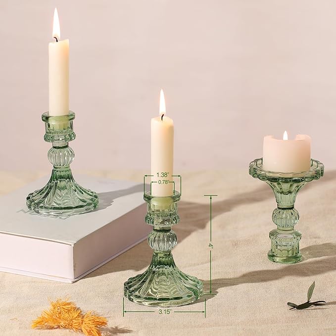 12PCS Green Candlestick Holders Set- 4" H Taper Candle Holders, Glass Candle Holders Bulk for Wedding, Party, Home Table Centerpieces, Festival Gifts & Windowsill Decor-HomvellaHome