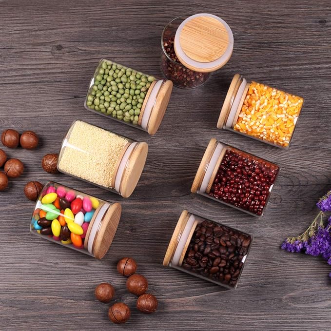 Glass Jars Set,Upgrade Spice Jars with Wood Airtight Lids and Labels, 6oz 12 Piece Small Food Storage Containers for Home Kitchen, Tea, Herbs, Sugar, Salt, Coffee, Flour, Herbs, Grains…-HomvellaHome