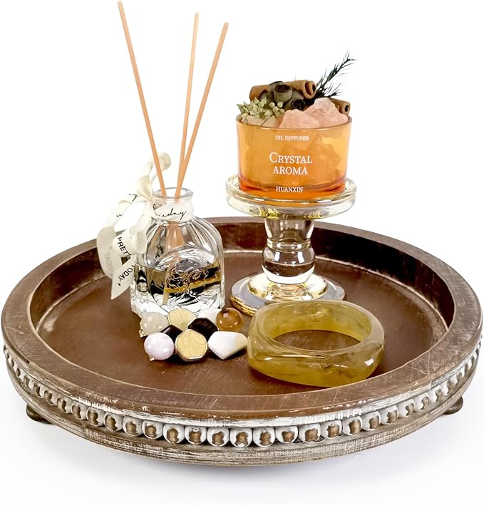 12 Inches Rustic Wooden Decorative Tray, Small Round Beaded Wood Tray for Kitchen Dinning Table Centerpiece Decor Entryway Living Room Home Decor, Brown-HomvellaHome
