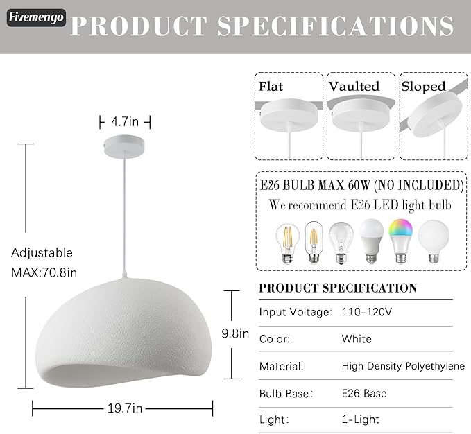 19.7in Wabi Sabi Pendant Lights Kitchen Island Lighting Fixture Ceiling Mount White Modern Japanese Lamp Japandi Chandelier for Dining Living Room Hallway Bedroom Restaurant Hanging Lamp-HomvellaHome