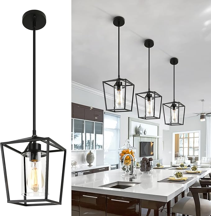 1-Light Black Pendant Light Fixture Farmhouse Iron Cage Metal Pendant Light Lantern Hanging Light Fixtures with Clear Glass Shade for Kitchen Island, Entryway, Dining Room, Hallway 5.9*5.9*8.27IN-HomvellaHome