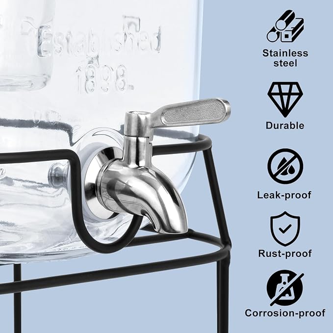2 Gallon Glass Drink Dispensers For Parties,Beverage Dispensers With Stand And 100% Leakproof Stainless Steel Spigot.Glass Water Jug Dispenser,Lemonade Dispenser,Mason Jar.-HomvellaHome