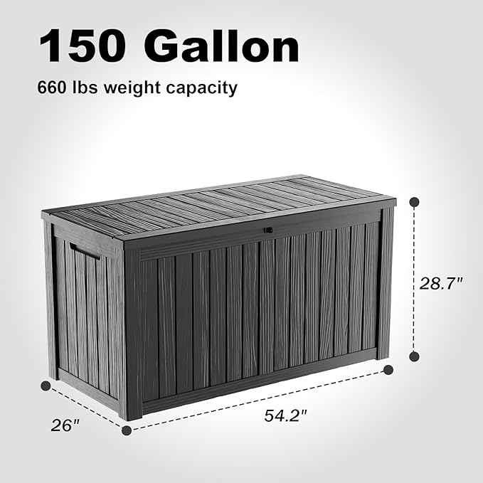 150 Gallon Outdoor Deck Box,Storage Lockable Waterproof Patio Furniture,Garden Tools,Cushions,Pool Accessories Outside Storage Resin Box(Black)-HomvellaHome