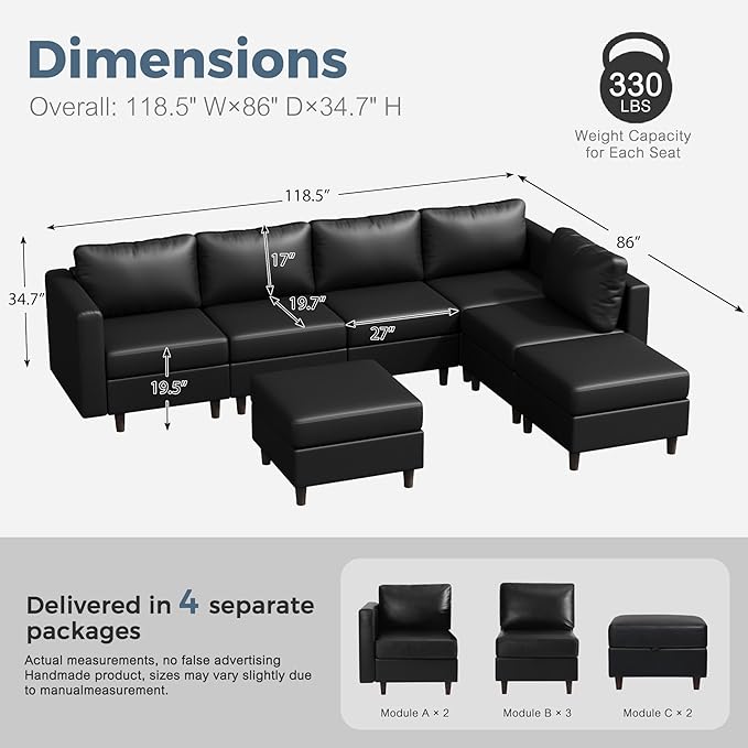 118.5" Faux Leather Modular Sectional Sofa, L Shaped Couch Set for Living Room, 7-Seater Comfy Cloud Couches with Storage Seat Black-HomvellaHome