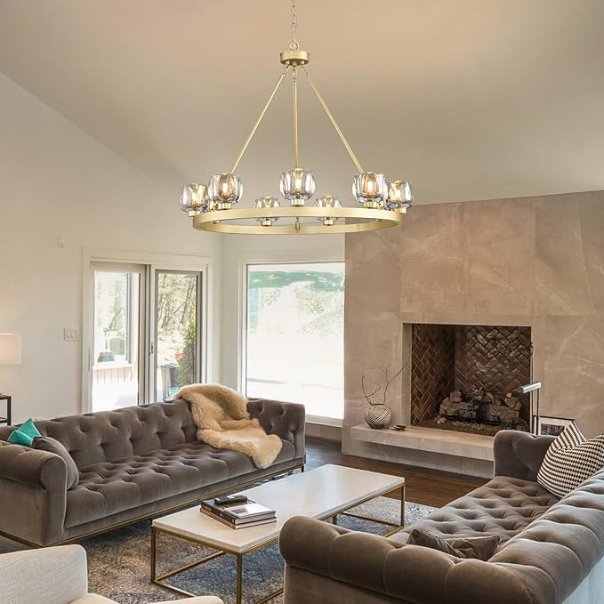Gold Wagon Wheel Chandelier, 36 Inch Brass Chandeliers with Unique Glass Shade, 9-Light Crystal Farmhouse Wagon Wheel Chandeliers for Dining Room, Round Chandelier for Living Room, Foyer, Entryway-HomvellaHome