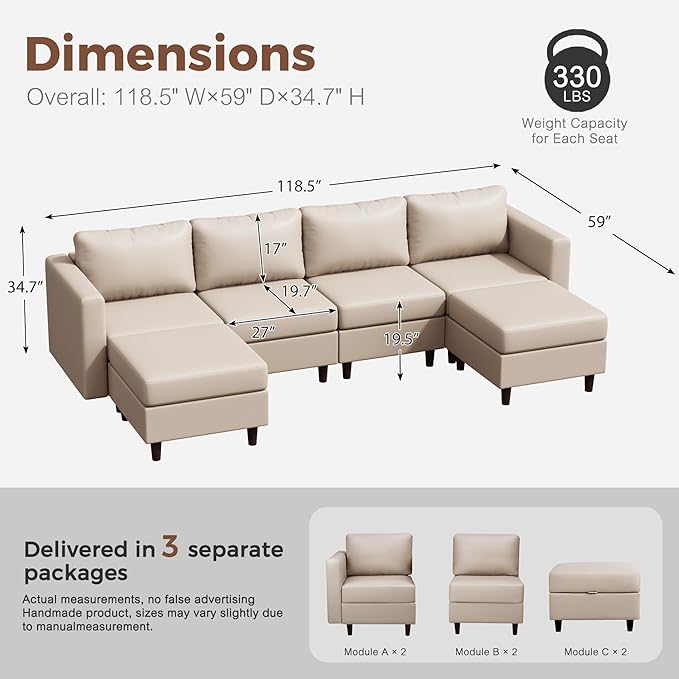 118.5" Oversized Modular Sectional Sofa, Faux Leather 6 Seater U Shaped Couch with Movable Ottoman and Storage Seat with Reversible Chaise Deep Seat for Living Room Whitesand-HomvellaHome