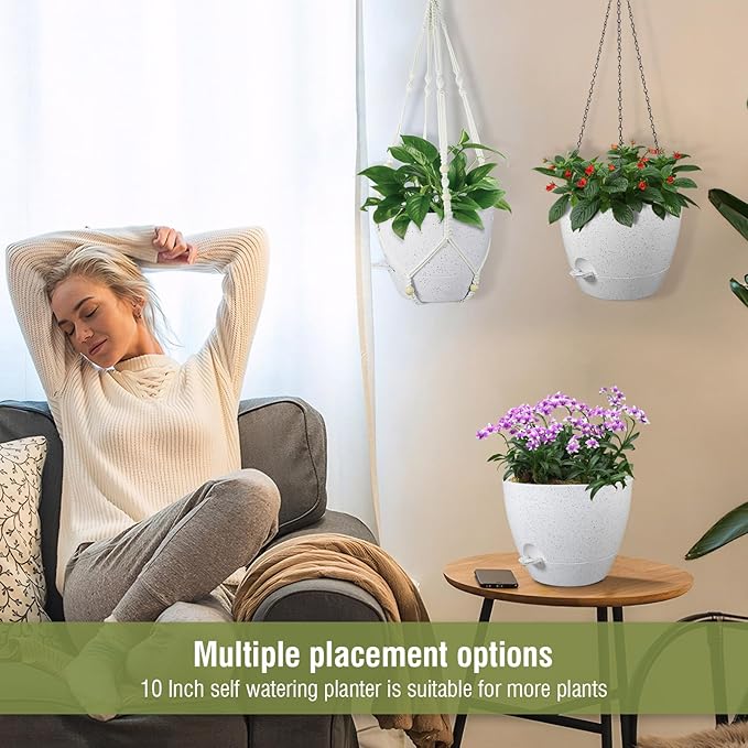 10 inch Self Watering Hanging Planters, 2 Pack Hanging Baskets for Indoor Outdoor Plants, Hanging Flower Pots with Drainage Holes and 2 Kinds of Plant Hangers for Garden Decor, Speckled White-HomvellaHome