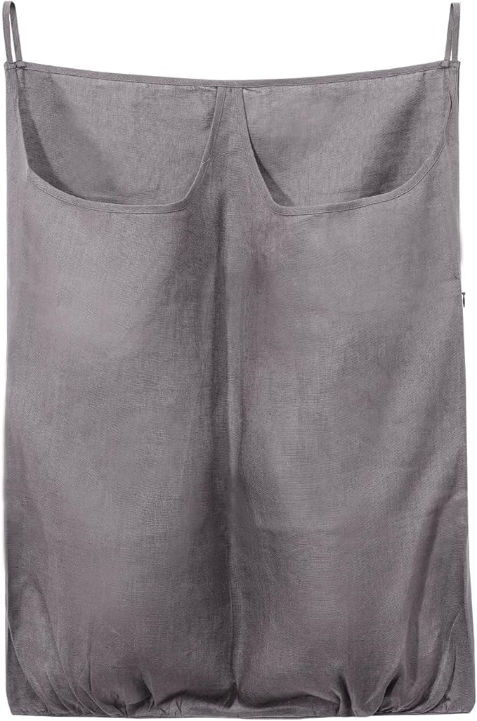 100% Pure Linen Dual Hanging Laundry Bag with 2 Deep Pocket and 2 Side Zipper 20x27in, Over The Door Laundry Hamper Space Saving Hampers for Dirty Clothes Home Travel, Grey-HomvellaHome