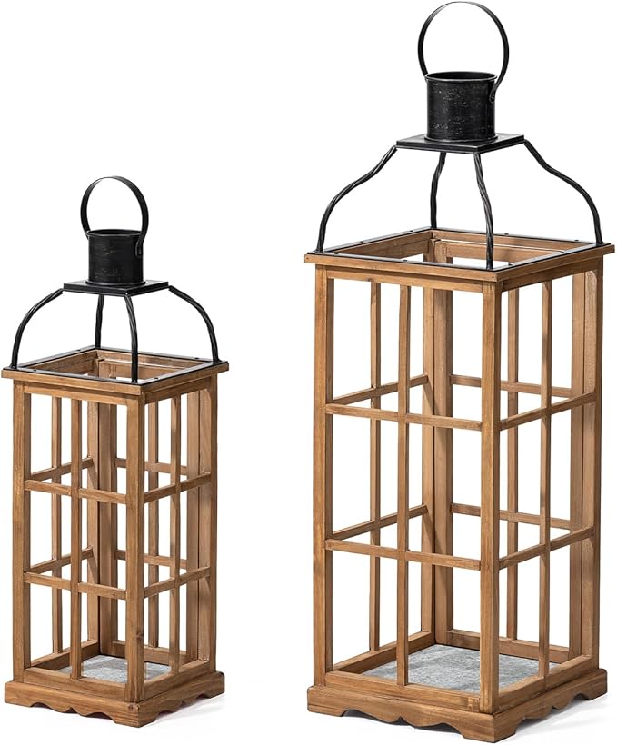 Glitzhome Set of 2 Oversized Farmhouse Wood Lanterns with Metal Top Decorative Hanging Candle Lanterns for Home Décor, Natural (No Glass)-HomvellaHome