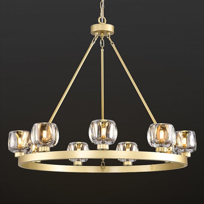 Gold Wagon Wheel Chandelier, 36 Inch Brass Chandeliers with Unique Glass Shade, 9-Light Crystal Farmhouse Wagon Wheel Chandeliers for Dining Room, Round Chandelier for Living Room, Foyer, Entryway-HomvellaHome