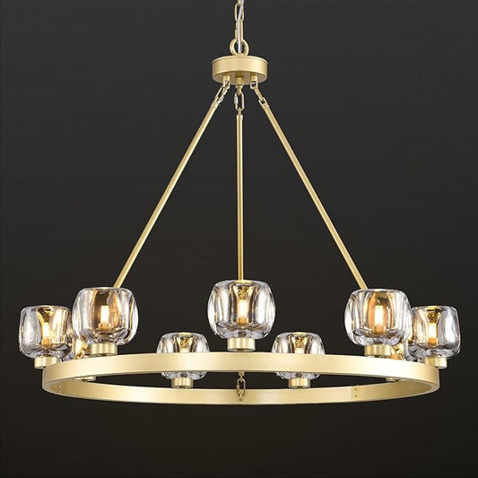 Gold Wagon Wheel Chandelier, 36 Inch Brass Chandeliers with Unique Glass Shade, 9-Light Crystal Farmhouse Wagon Wheel Chandeliers for Dining Room, Round Chandelier for Living Room, Foyer, Entryway-HomvellaHome