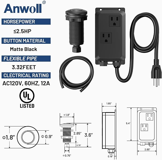 Garbage Disposal Air Switch Kit -Professional- Dual Outlet, Sink Top Waste Disposer On/Off, Garbage Disposal Button, Brass Made Cover, UL Listed-HomvellaHome
