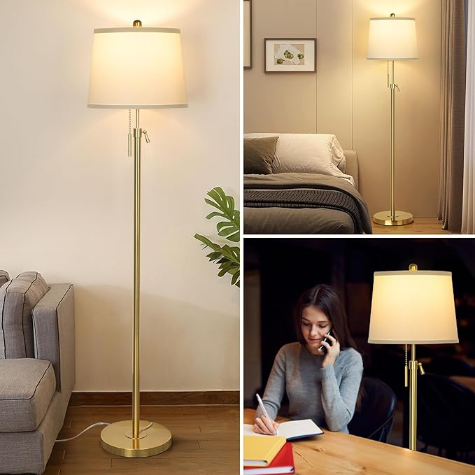 Gold Floor Lamp for Living Room, Tall Standing Lamp 55-65" Adjustable Modern Brass Floor Lamps for Bedroom Reading Office Kids 3 Color Lights Corner Night Stand (9W LED Bulb, White Shade)-HomvellaHome