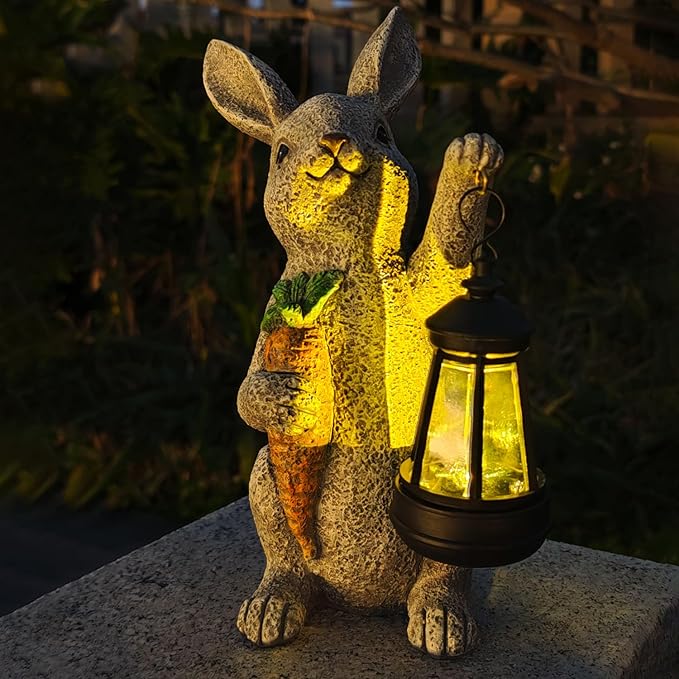 Garden Statues Rabbit Solar Lantern Outdoor Handmade Resin Statue Bunny with Cute Carrot for Patio, Yard,Mother's Day Gift Ideas (rabbit1)-HomvellaHome