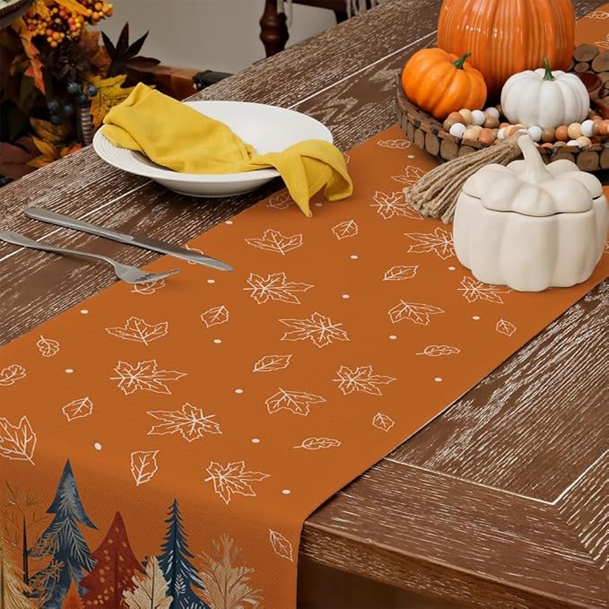 GEEORY Fall Watercolor Trees & Maple Leaves Table Runner 13x90 Inch, Rustic Farmhouse Autumn Thanksgiving Decor for Kitchen, Dining, Indoor/Outdoor Holiday Dinner Party Orange GT158-90-HomvellaHome