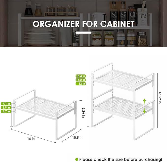 2 Pack Kitchen Countertop Organizer, Stackable Cabinet Shelf Organizer, 2 Tier Adjustable Kitchen Counter Shelves Riser For Pantry Cupboard Bathroom Organization And Storage, Desk Shelf,Spice Rack-HomvellaHome