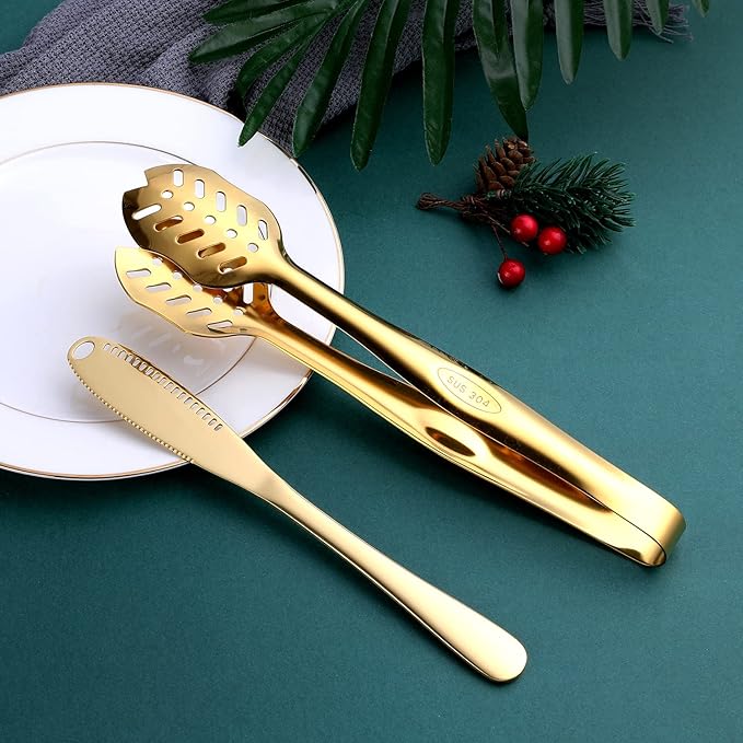 Gold Serving Utensils, OGORI 8-Piece Polished Stainless Steel Flatware Silverware Set Include Serving Spoon, Slotted Spoon, Cake Server, Soup Ladle, Fork, Salad Fork, Butter Knife, Serving Tong-HomvellaHome