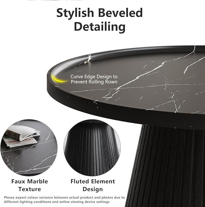 win2win Nesting Coffee Table Set of 2, Modern Coffee Table with Marble Veneer, Fluted Round Tea Table and End Table Set, Minimalist Center Tables for Living Room, Office, Black-HomvellaHome
