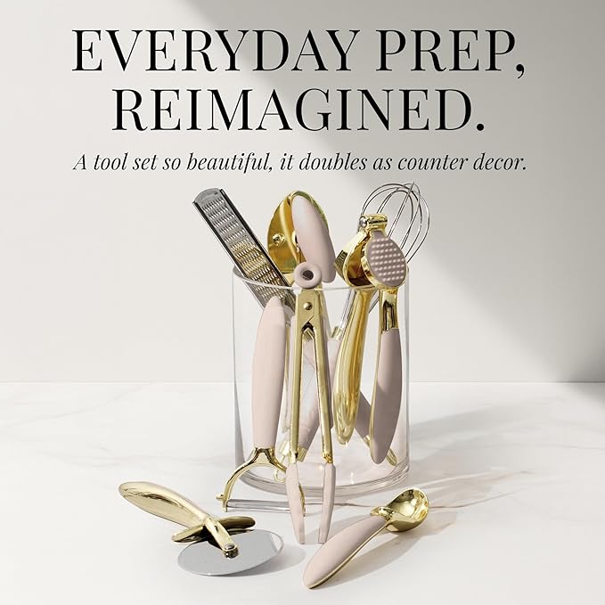 Gold and Beige Kitchen Utensils Set – 8 PC Cooking Gadgets with Mini Gold Whisk and Tongs, Pizza Cutter, Garlic Press, Cheese Grater, Peeler, Can Opener, Scoops – Stylish Beige Kitchen Accessories-HomvellaHome
