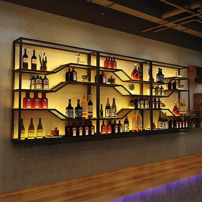 105in Large Wall Mounted Wine Rack with LED Light, 5-Tiers Liquor Bottles Display Shelf with Glasses Holder, Metal Home Bar Shelves with Iron Frame for Kitchen Dining Room (Black, 105in/8.72ft)-HomvellaHome