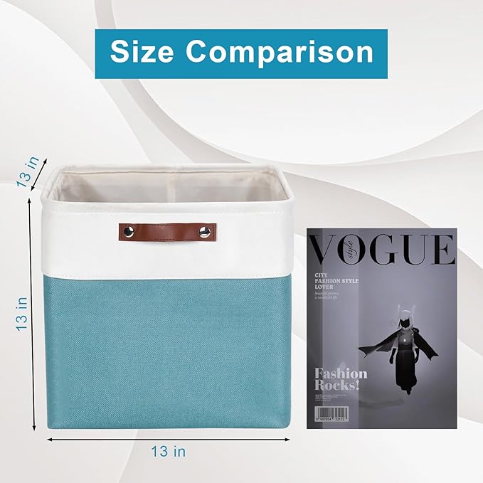 13x13 Cube Storage Bins, Collapsible Fabric Storage Box, 4 Pack Closet Baskets with Handles for Organizing, Shelf, Toys, Clothes, Home, Office, Nursery (Teal&White)-HomvellaHome