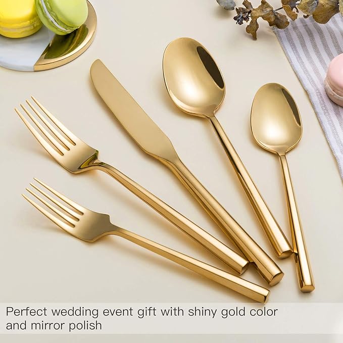 Gold Silverware Set Flatware Set Stainless Steel Cutlery Set 40 Pieces Hexagon Handle Home Kitchen Daily Use Service for 8-HomvellaHome