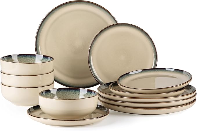 GBHOME Ceramic Dinnerware Sets for 4, 12 Pieces Stoneware Plates and Bowls Sets, Scratch Resistant Dishes, Dishwasher & Microwave Safe, Reactive Glaze-Gravel-HomvellaHome