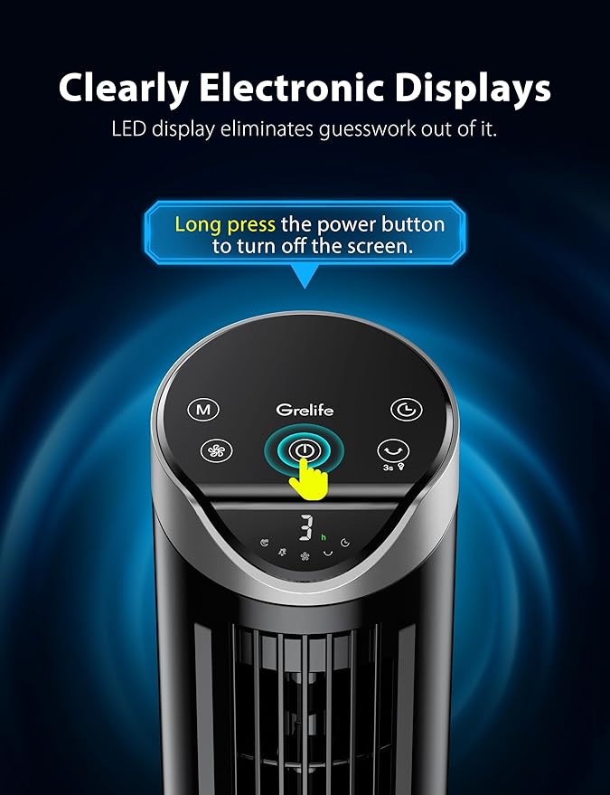 Grelife Tower Fan with Remote Control, Fast Cooling Desktop Fan, 90° Oscillation, 3 Speeds, 3 Wind Modes, Touch Screen, Auto Timer, Ideal for Home, Office Bedroom-HomvellaHome
